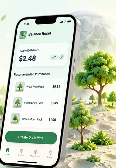 Concept illustration of Balance Reset on an iPhone beside green trees growing on the Moon