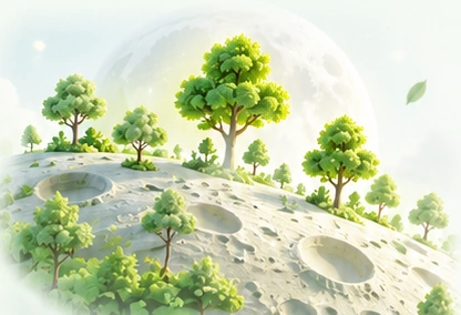Virtual green trees on a cratered Moon under a pale sky